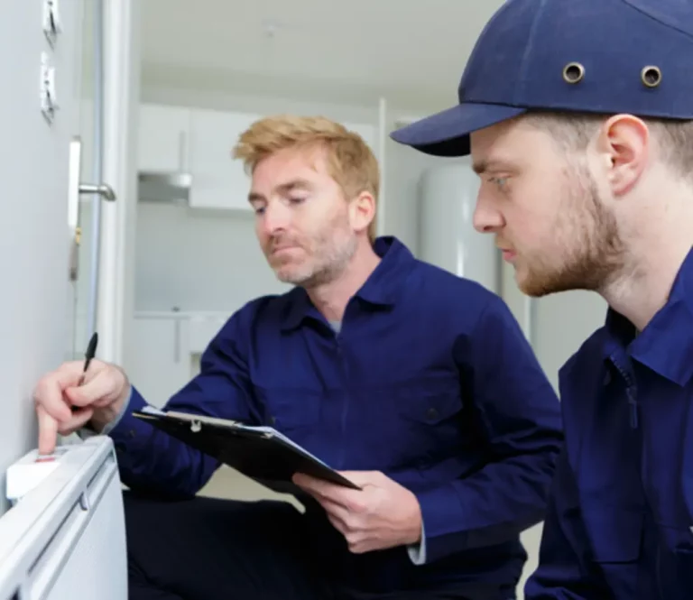 Two male technicians in blue uniforms and a baseball cap inspecting a white appliance or electrical panel. One technician holds a clipboard and pen while both look intently at the unit in a bright, indoor setting.
