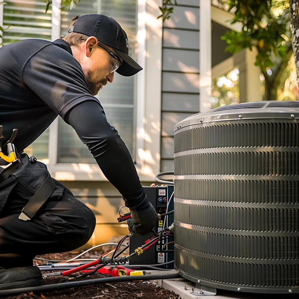 HVAC technician performing spring HVAC tune-up on outdoor air conditioning unit to improve efficiency and extend system lifespan