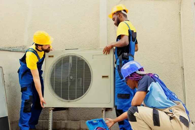 Commercial HVAC technicians installing outdoor unit to improve efficiency and prevent winter energy loss in Roseburg OR