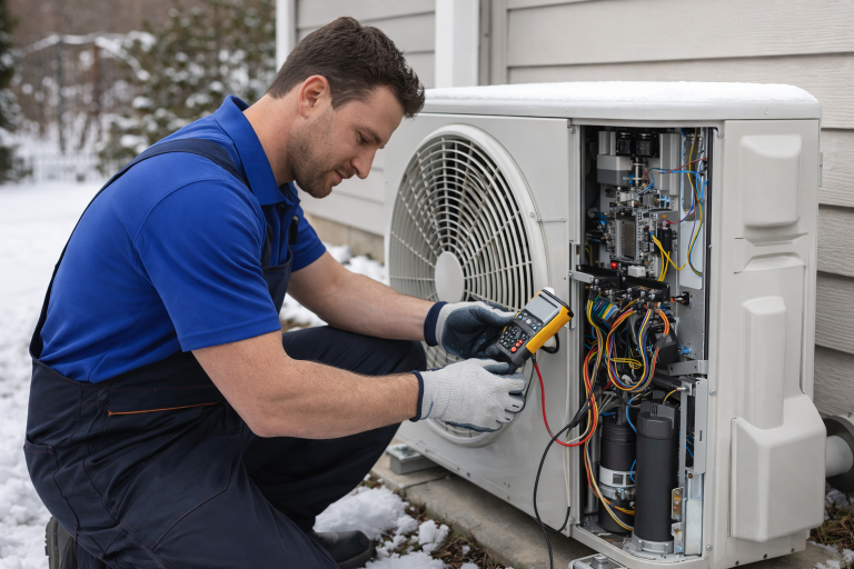 HVAC technician repairing outdoor heat pump unit beside residential home in winter to restore heating efficiency in Roseburg OR