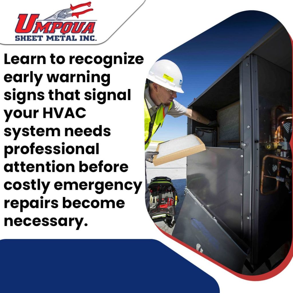 Top Early Warning Signs Your HVAC Needs Winter Repairs | Expert HVAC Company & Technicians 2 An informational graphic from Umpqua Sheet Metal Inc. featuring a technician in a hard hat and safety vest inspecting a rooftop HVAC unit and replacing an air filter.