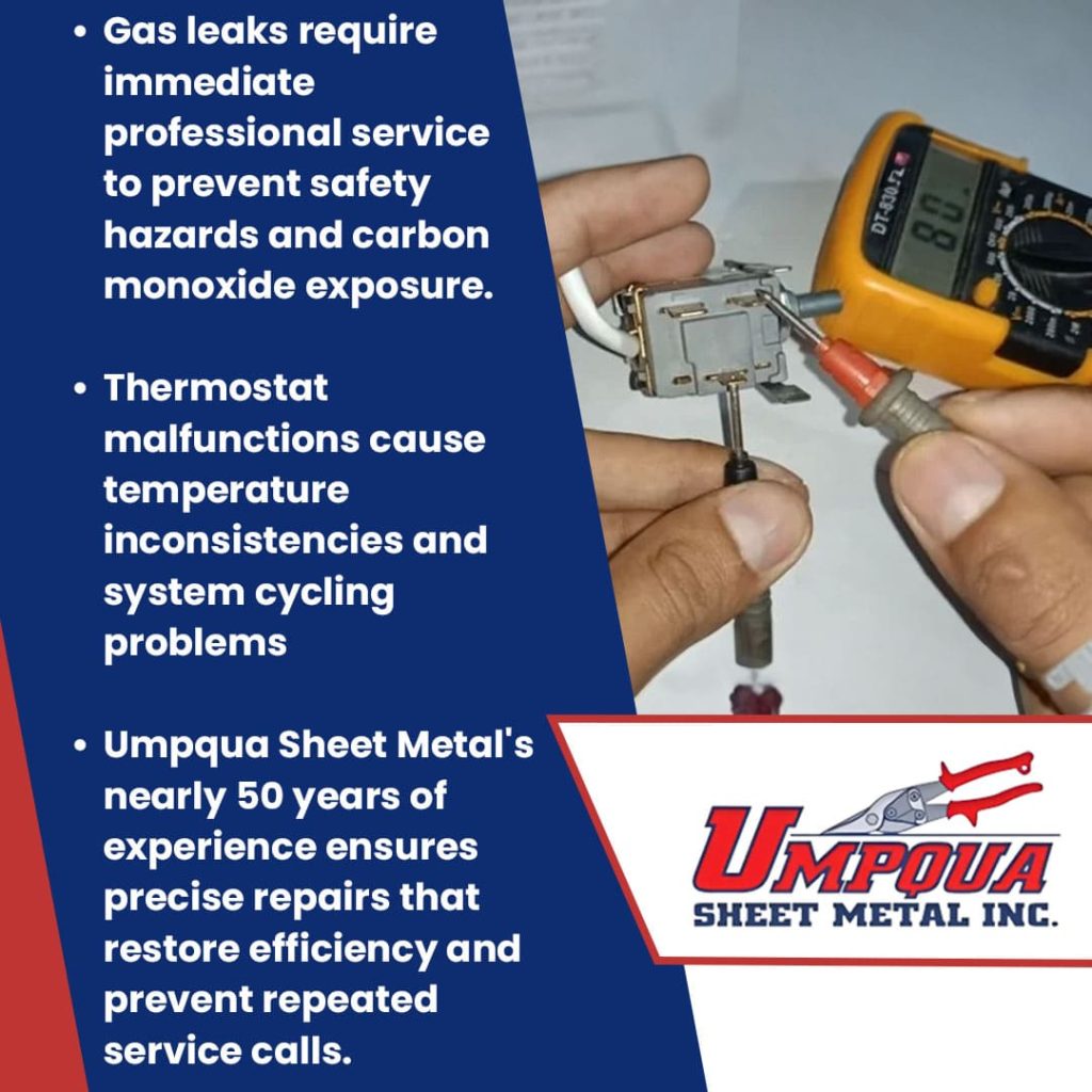 Common Mid-Winter Heating System Problems and How Heating Repair Service Fixes Them 1 An informational graphic for Umpqua Sheet Metal, Inc. featuring a person using a digital multimeter to test an electrical component.