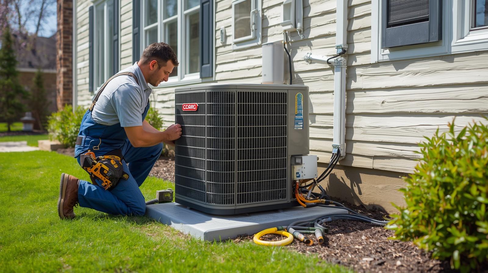 HVAC technician installing new air conditioning unit in early spring to improve energy efficiency and prevent summer breakdowns in Roseburg OR