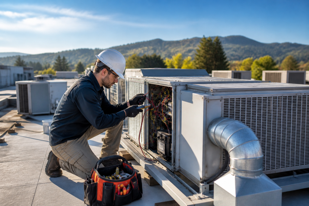 Upgrading Your Commercial HVAC System for Better Performance | Trusted HVAC Company in Roseburg 1 Commercial HVAC technician inspecting rooftop air conditioning unit to improve system performance and energy efficiency
