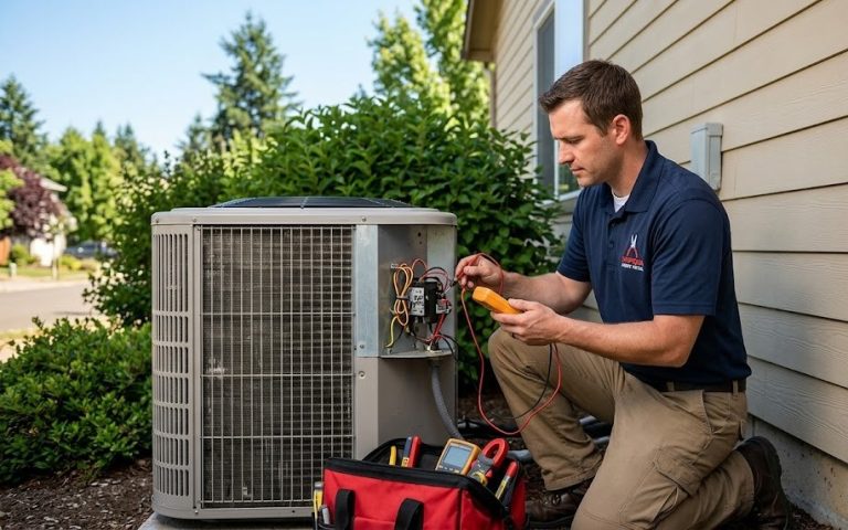 A professional HVAC technician performing AC repair in Roseburg, OR. He is kneeling beside a residential outdoor condenser unit on a sunny day, using a digital multimeter to test the electrical components, with a red tool bag open next to him.