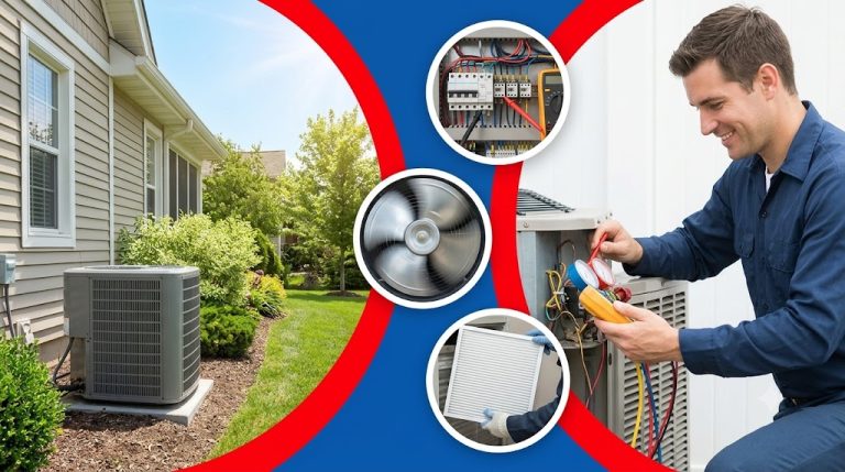 A split graphic illustrating professional HVAC repair in Roseburg. The left shows a residential outdoor AC condenser on a sunny day, while the right features a technician using diagnostic gauges on a cooling unit. Inset circles highlight key maintenance steps: electrical testing, a spinning fan blade, and a clean air filter.