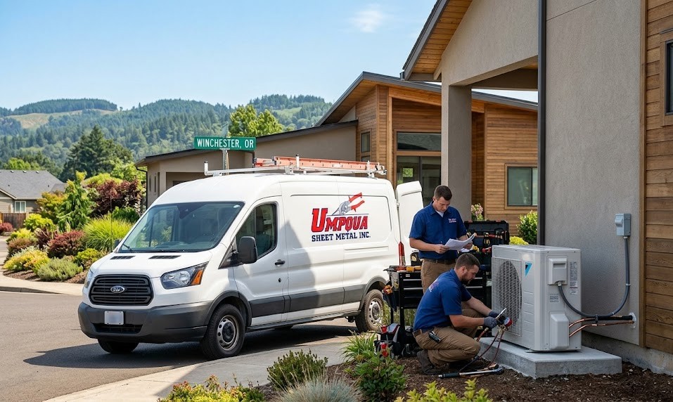 Blogs 1 Two Umpqua Sheet Metal Inc. HVAC technicians installing a modern heat pump outdoor unit next to a residential home in Winchester, OR, with a company service van parked in the driveway.