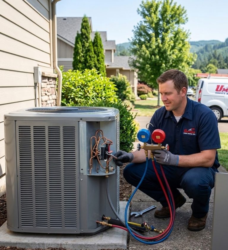 A professional HVAC technician wearing safety gear inspects an outdoor residential air conditioning unit during a preventive maintenance service call in Roseburg, OR.
